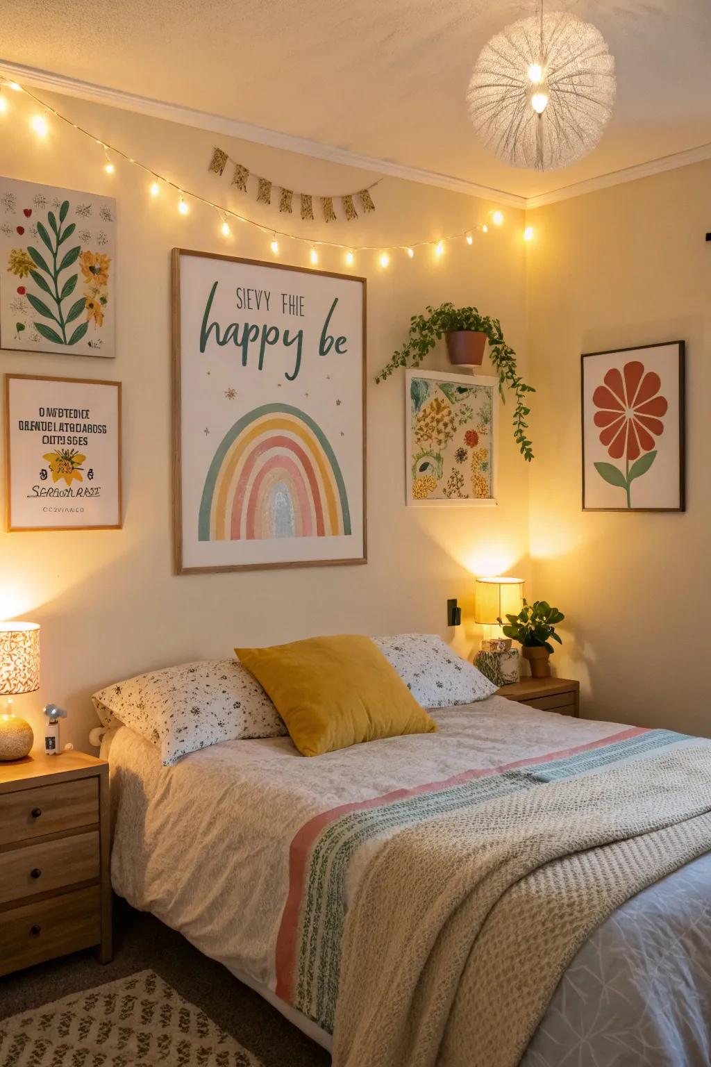 Uplifting artwork improves the room's positive vibes.