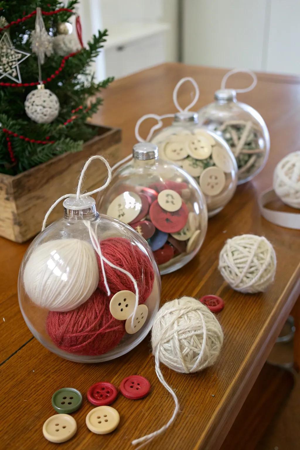 Craft-inspired ornaments embellished with buttons and twine.