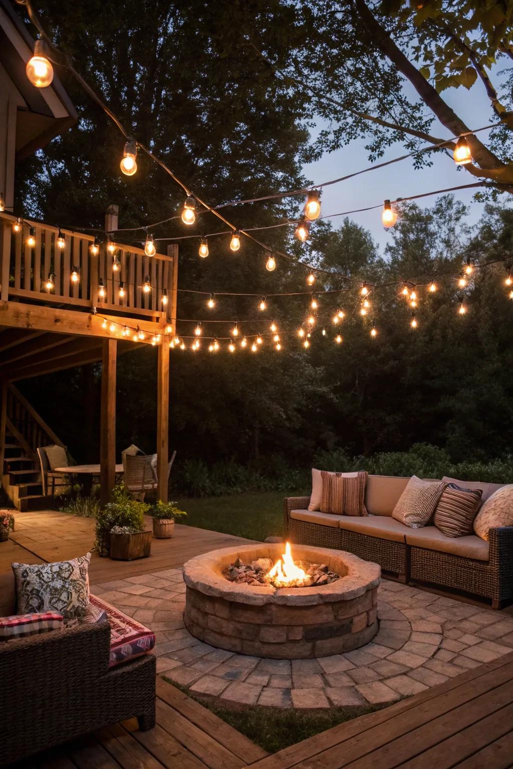 Beaded lights add a sparkling charm to your fire pit space.