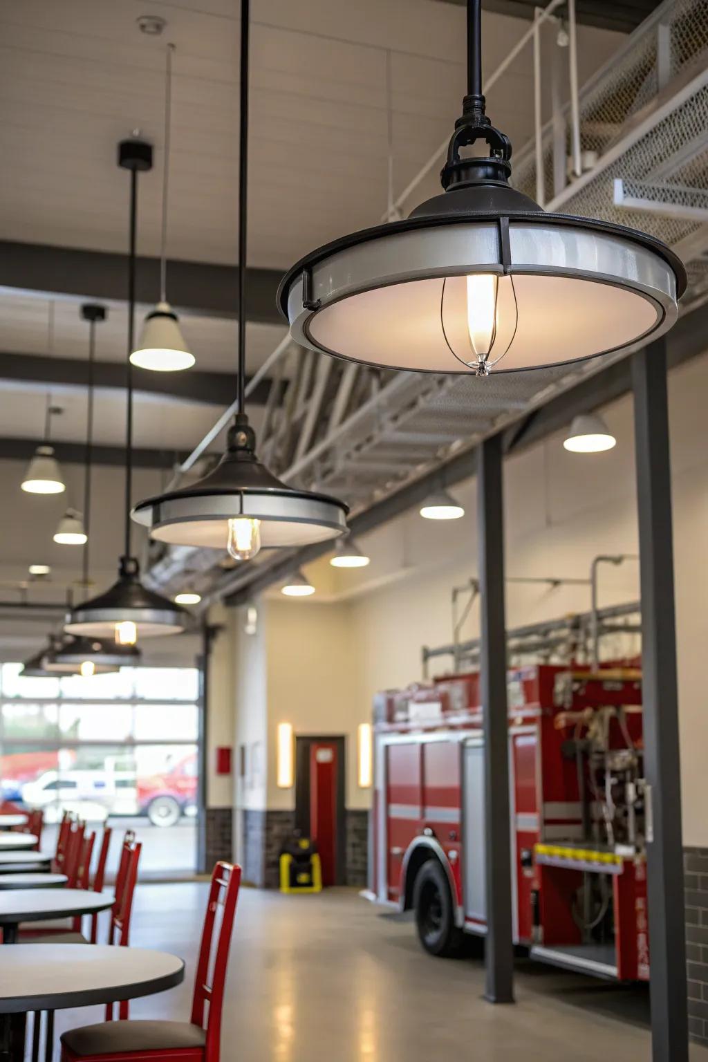 Contemporary lighting enhances the fire station’s ambiance.