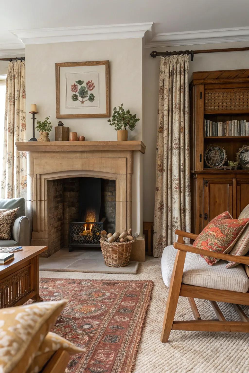 A living area displaying a material contrast of wood and fabric near the fireplace recess.
