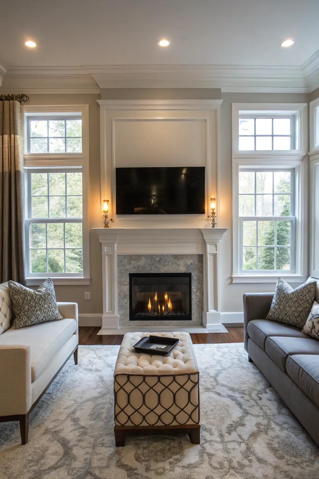 Combining recreation and warmth through a TV above the fireplace.