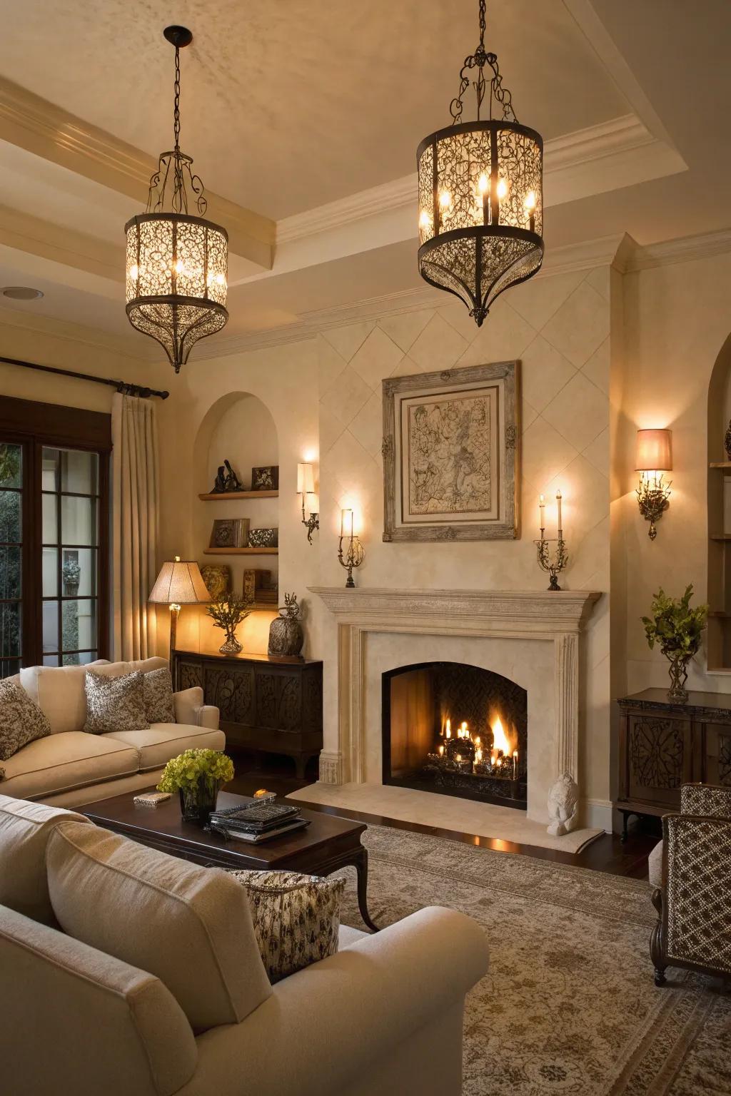 Lighting fixtures introduce warmth and draw attention to the fireplace area.