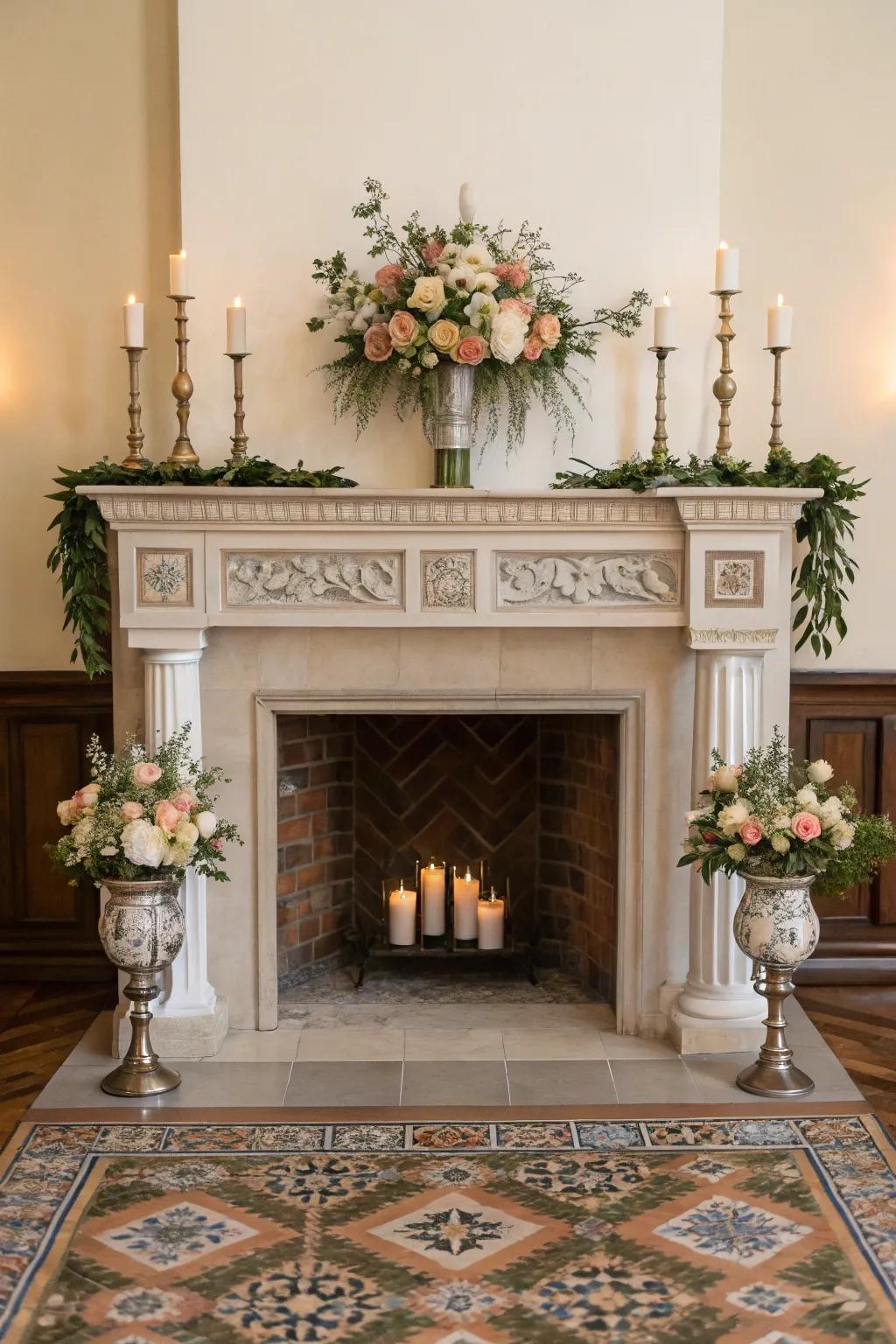 Symmetrical ornamentation provides equilibrium and harmony to the hearth.