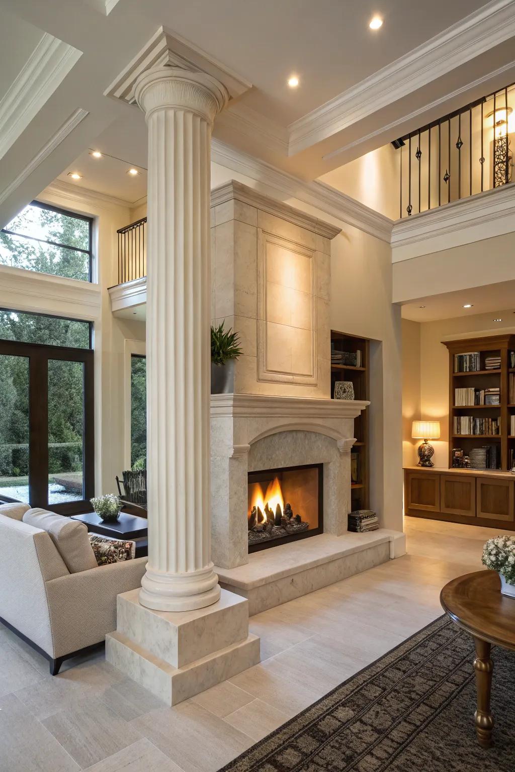 A modern living space featuring a central fireplace integrated with architectural columns.