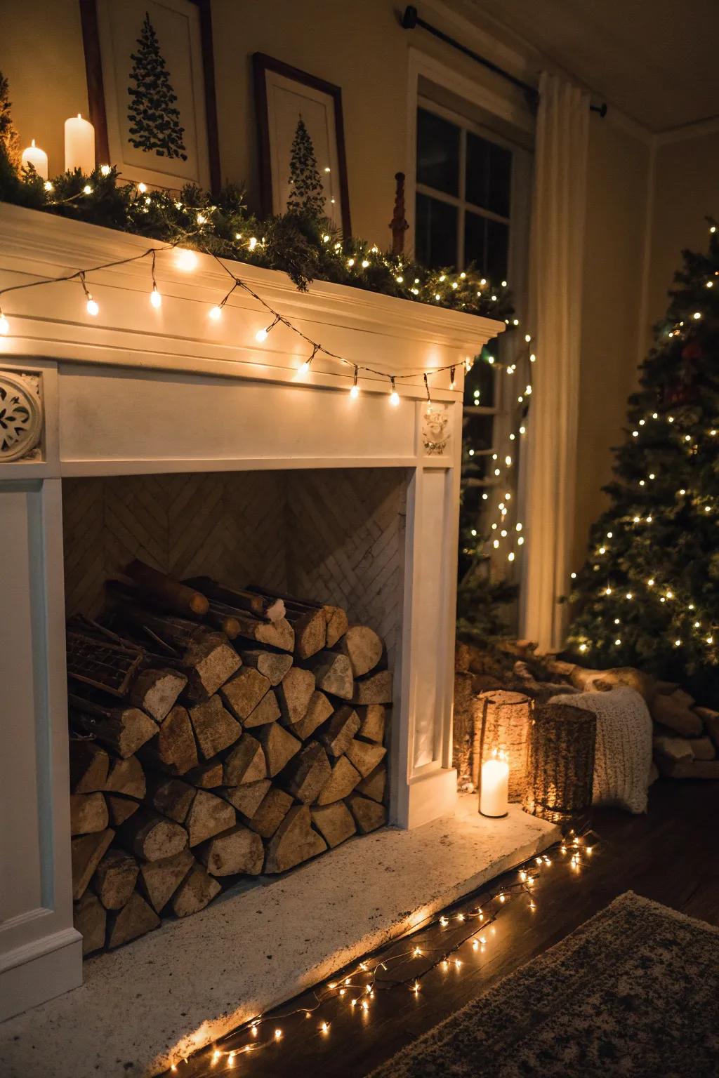 Tiny lights give firewood a delightful glow.