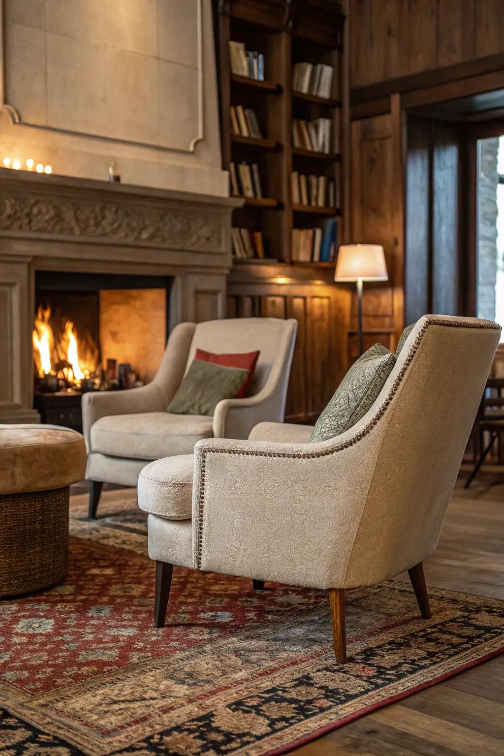 Soft seating and plush fabrics encourage relaxation by the fire.