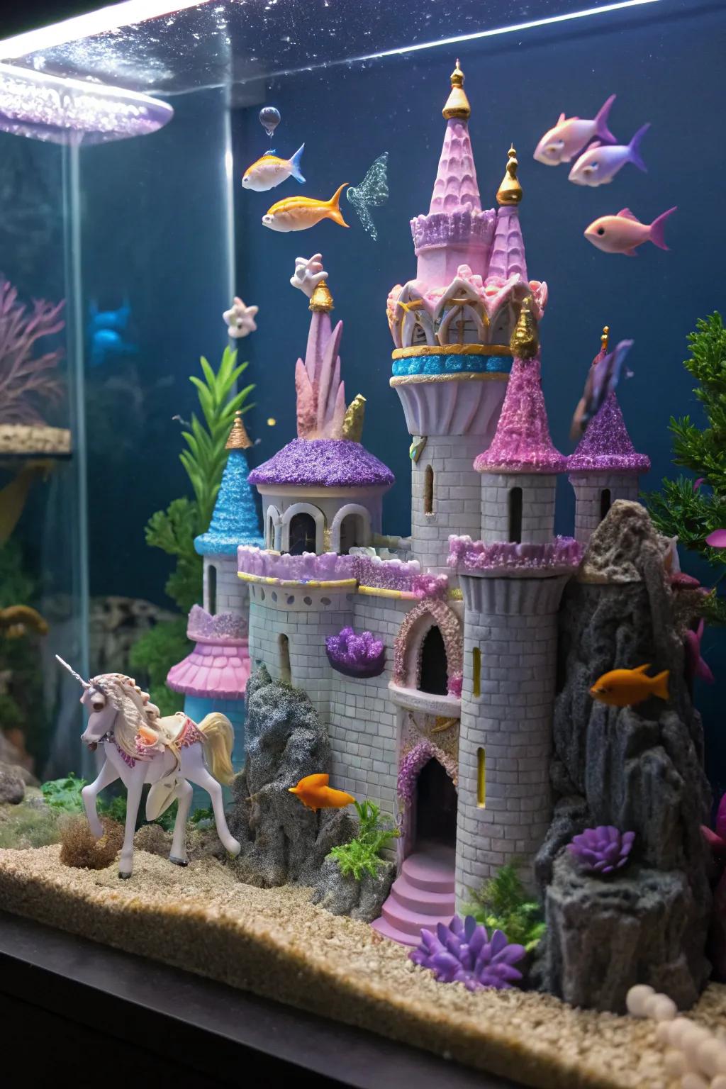 Create a magical kingdom underwater with a fantasy castle theme.