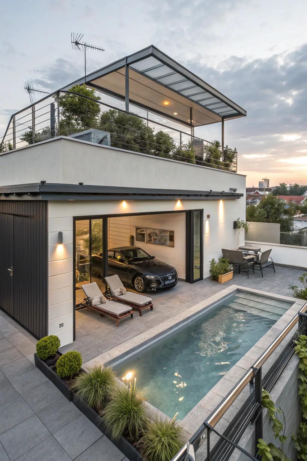 A rooftop pool on a flat roof garage represents the pinnacle of luxury living.