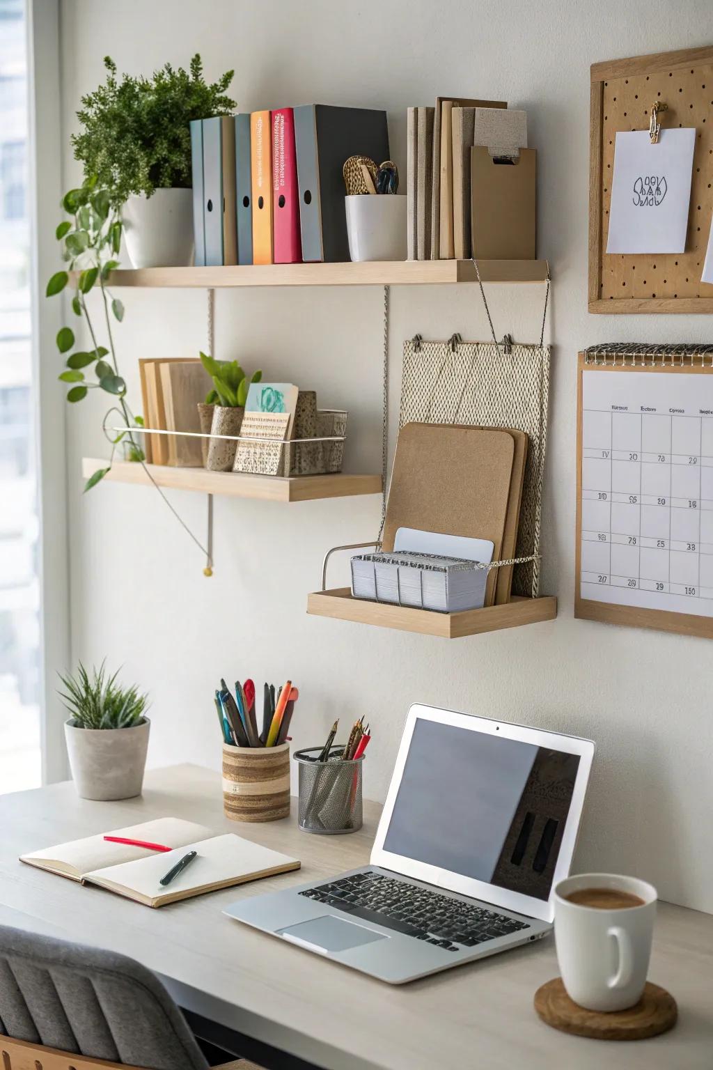 Maintain an organized workspace with office supplies neatly arranged on floating shelves.
