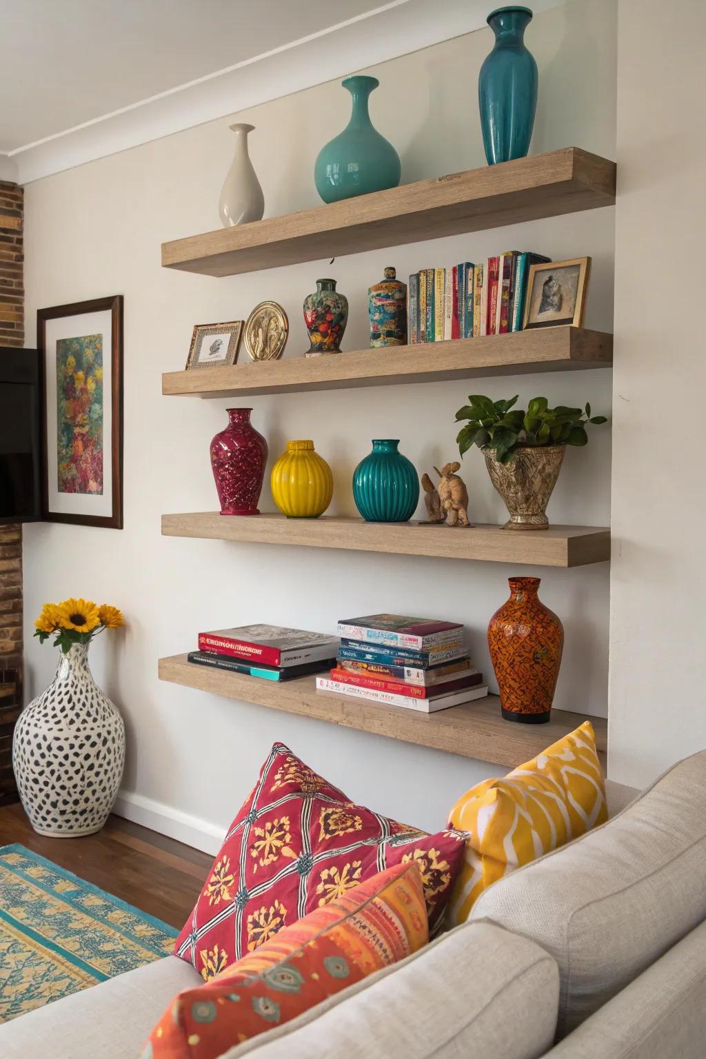 Colorful accessories adding vibrancy to floating shelves