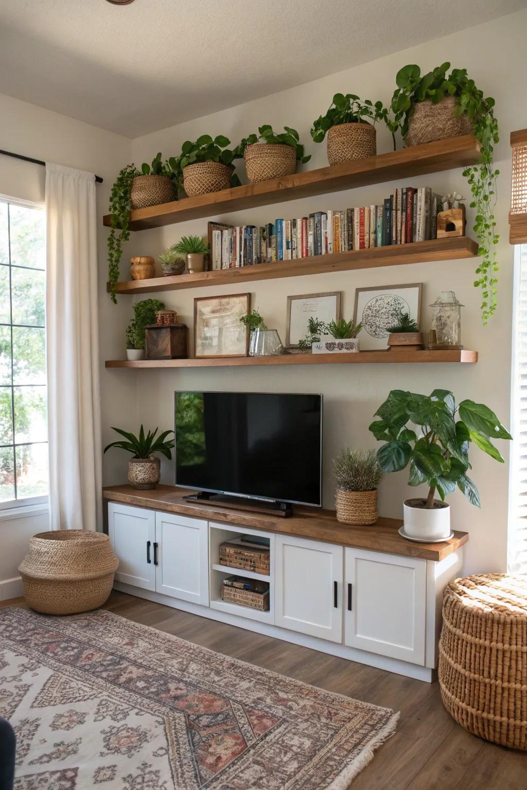 Customize your floating racks with ornamental items surrounding your TV.