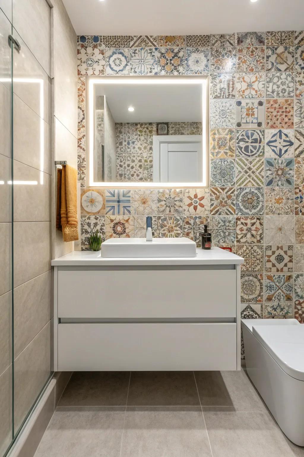 A bathroom featuring a floating vanity and a textured tile wall incorporating lively details.
