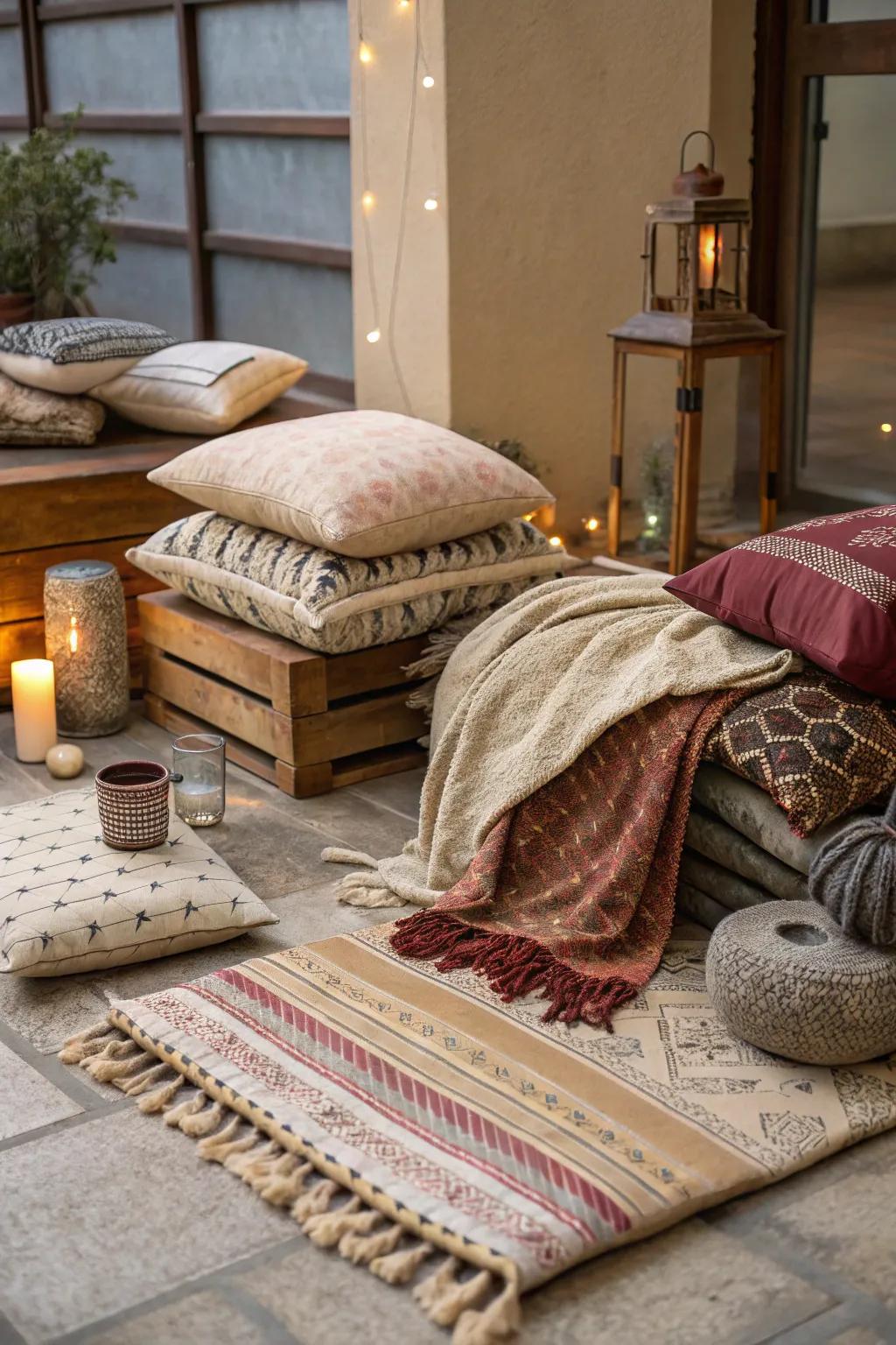 Layered textures introduce dimension and coziness to your seating area.