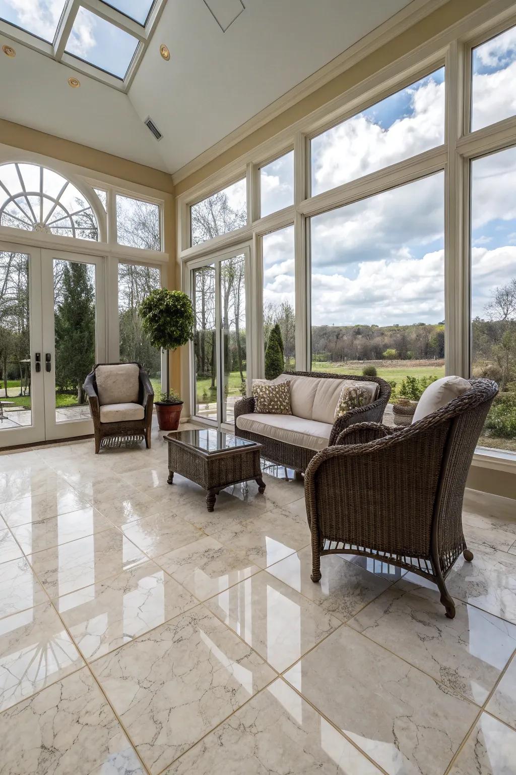 Luxurious sunroom showcasing refined clay tile flooring.