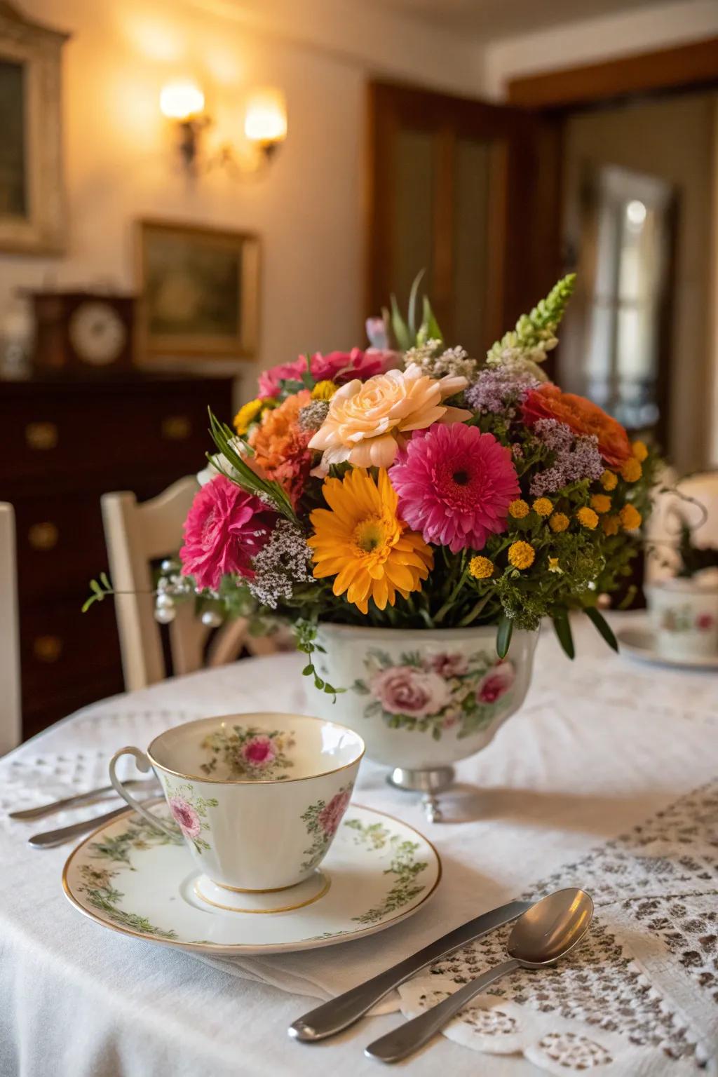 Whimsical floral arrangement displayed in a vintage tea set, perfect for adding charm to any gathering.