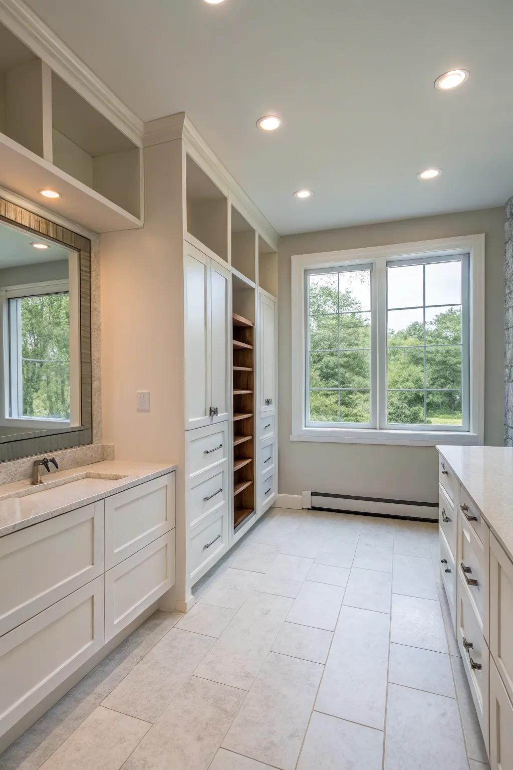 An open layout produces a sensation of spaciousness in the bathroom.