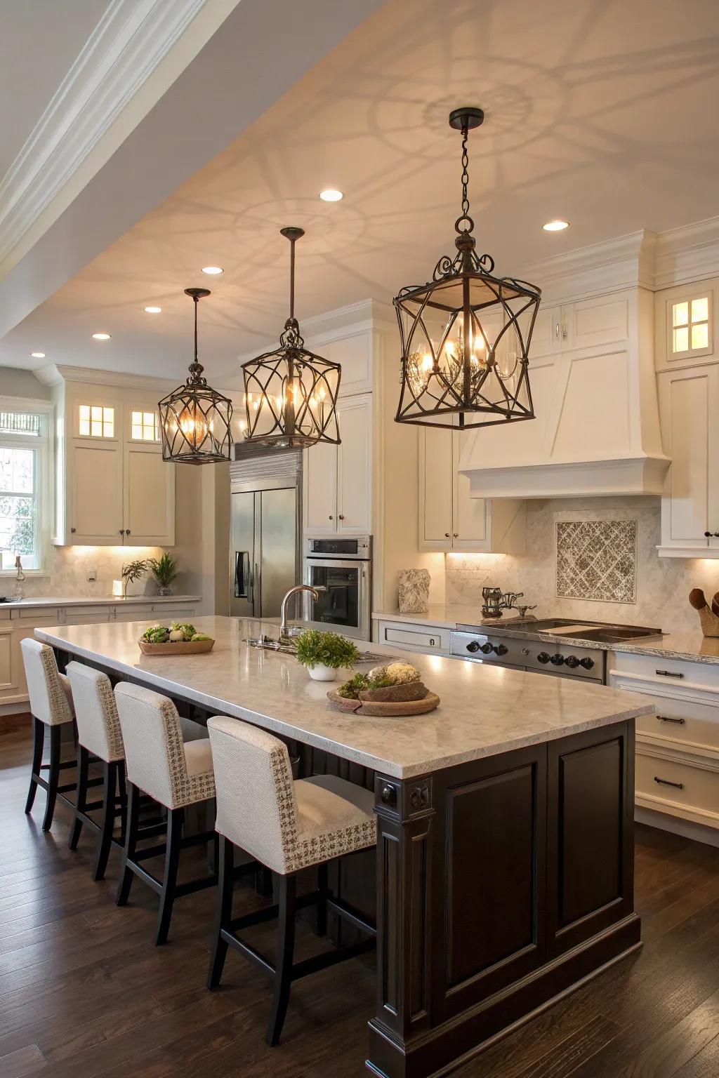 Decorative lighting acting as a focal point in a fashionable kitchen space.
