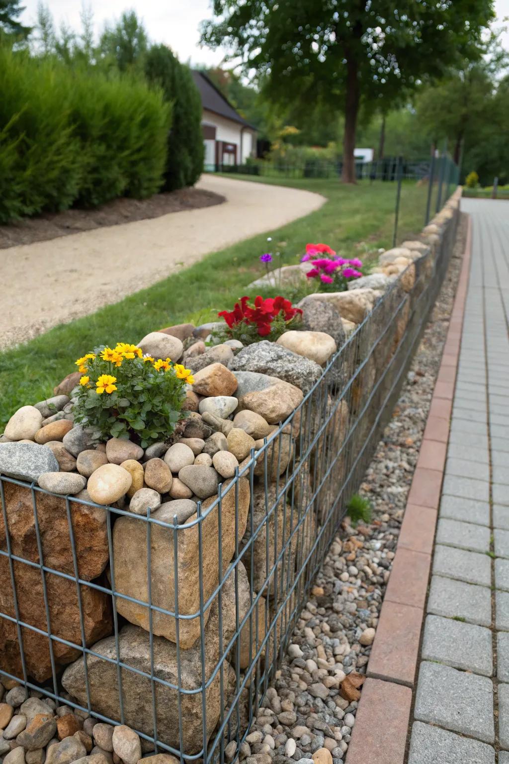 Gabion walls deliver a striking and textured border for the flower bed.