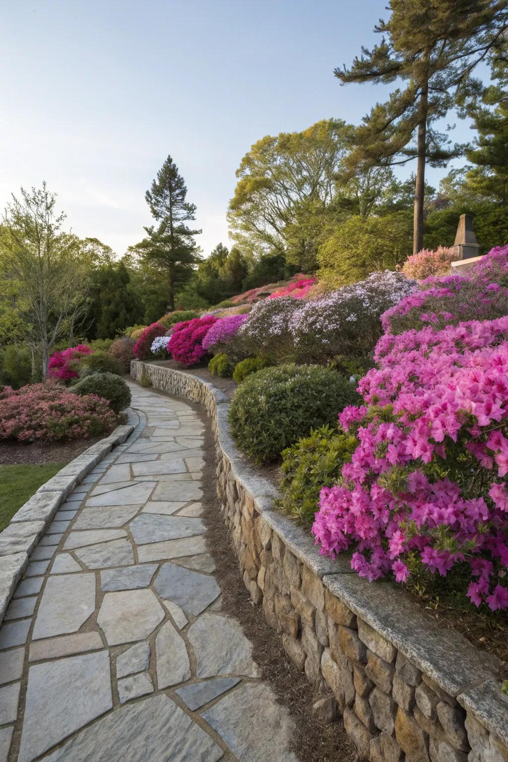 Infuse elegance by integrating structural highlights in your azalea garden.