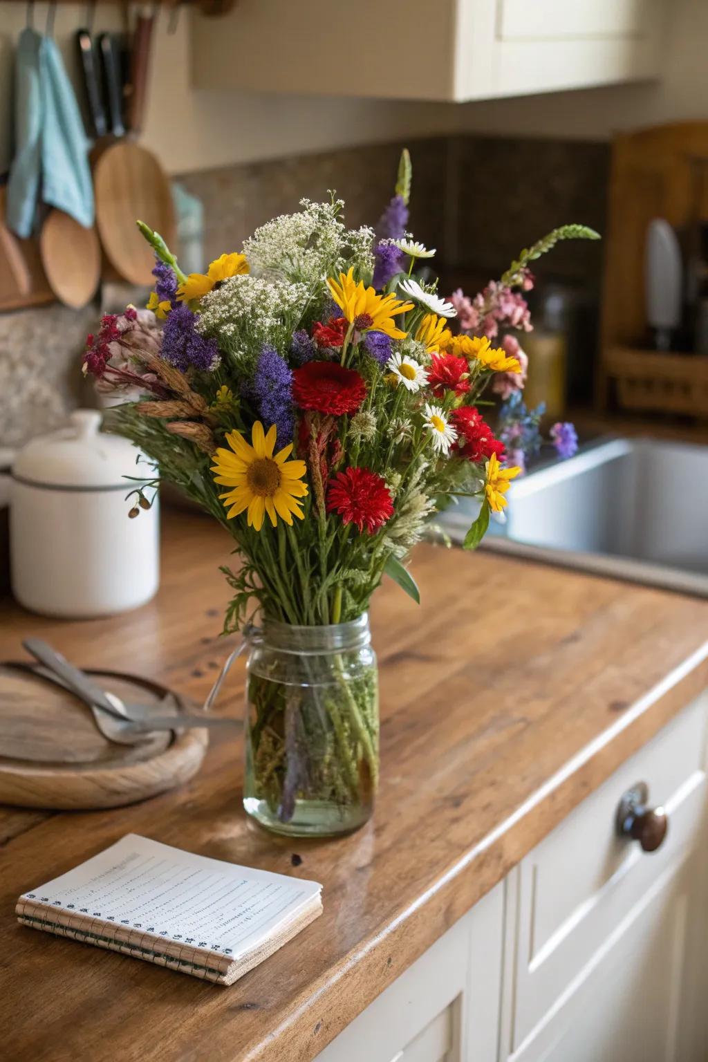 A rustic blossom arrangement enhancing the comfortable charm of a country-style kitchen.