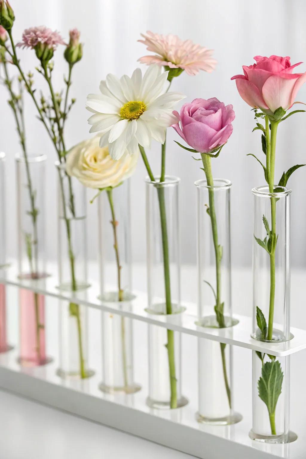 Highlight individual flowers using minimalist laboratory tube vases.