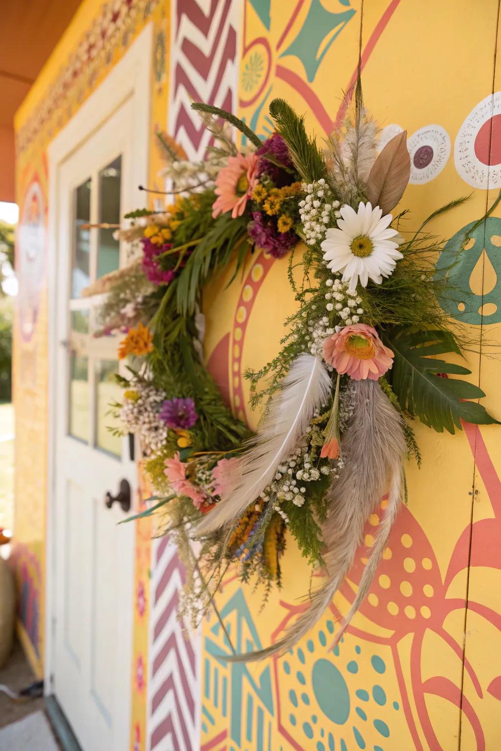 Bohemian spirit using a plume and wildflower door piece.