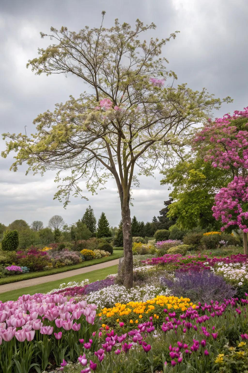 Lively, opposing colors ensure this flower bed around the tree truly shines.