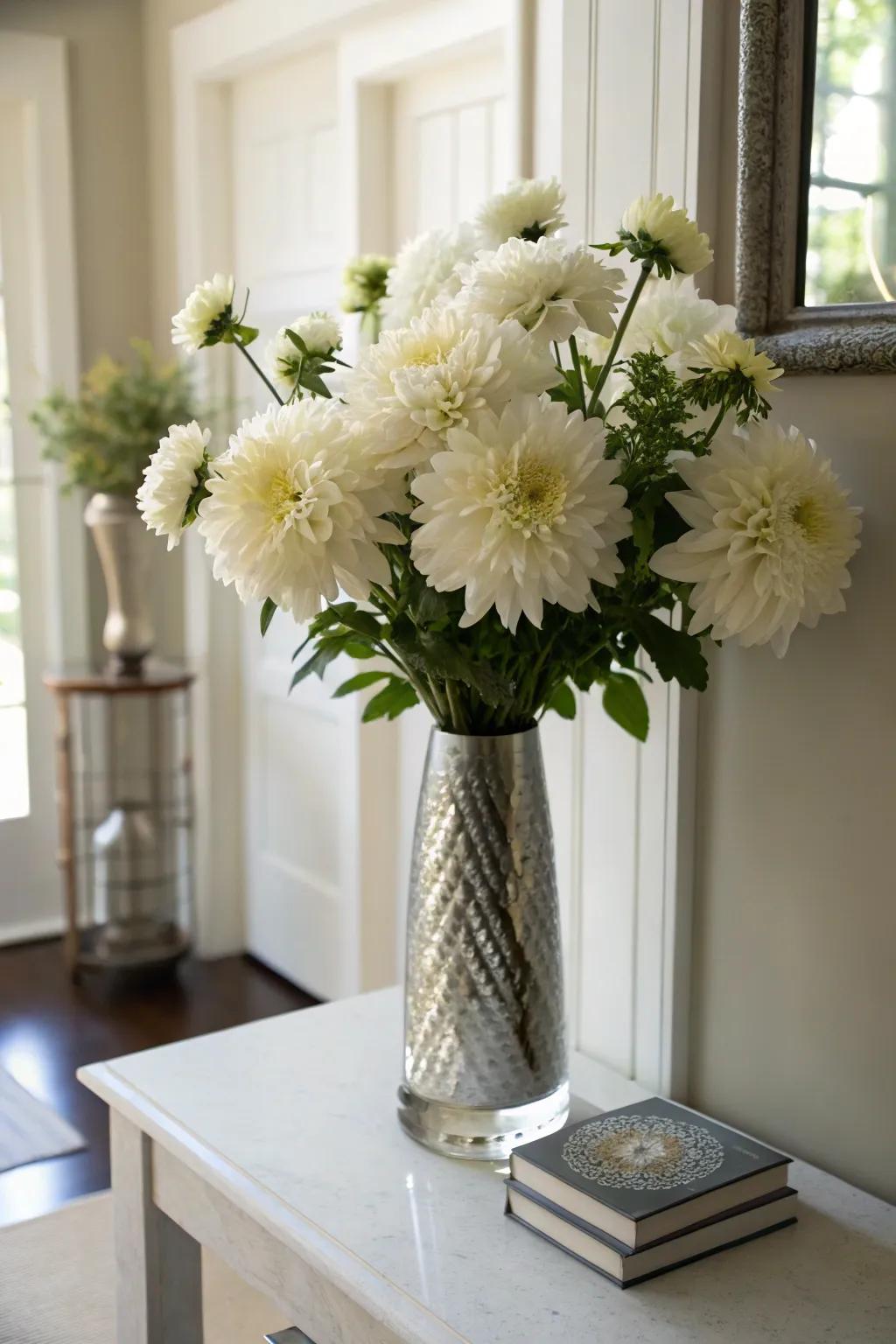 Sophisticated ivory dahlias establishing a pronounced statement within the entryway.