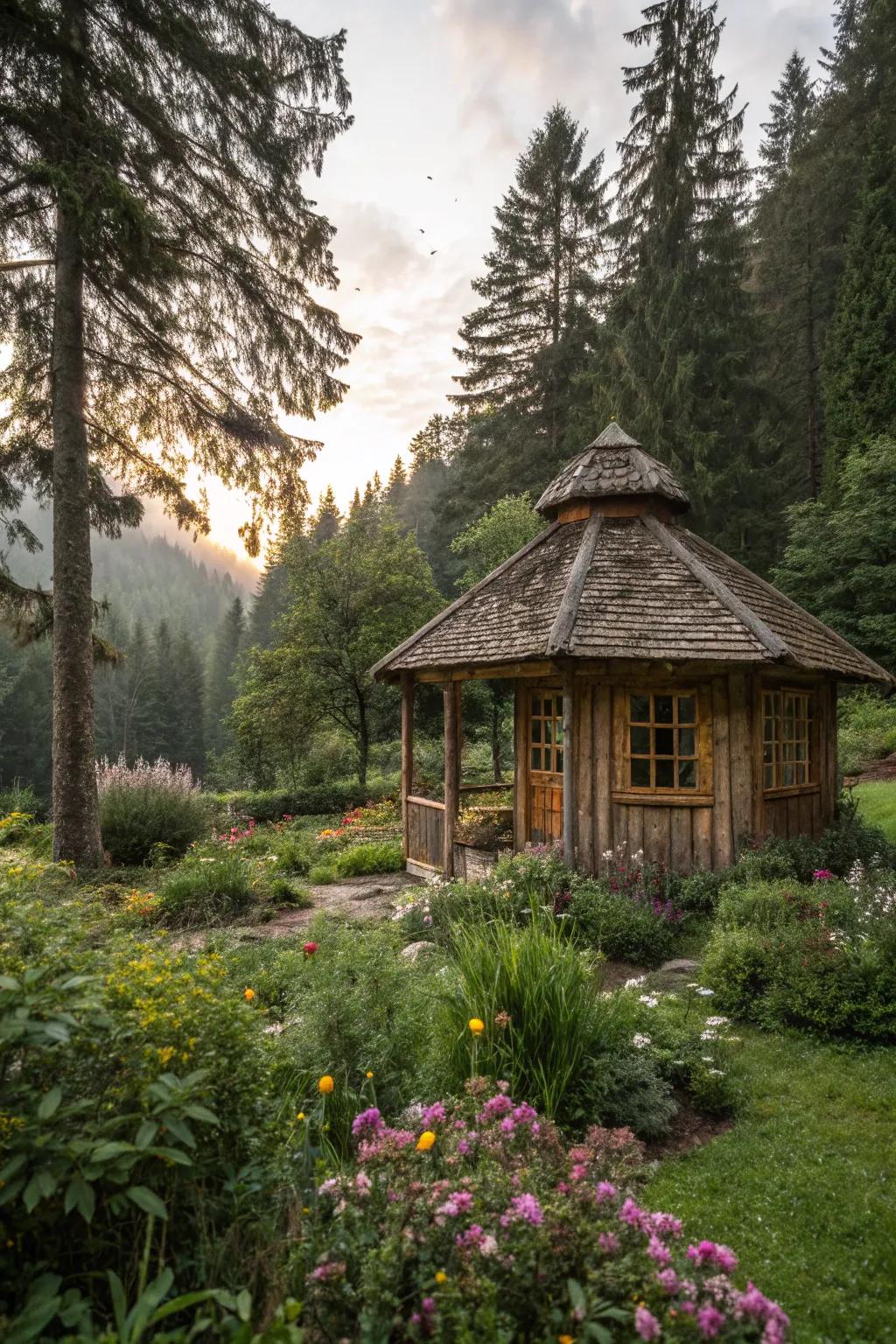 A quaint cabin retreat nestled at the core of the garden.