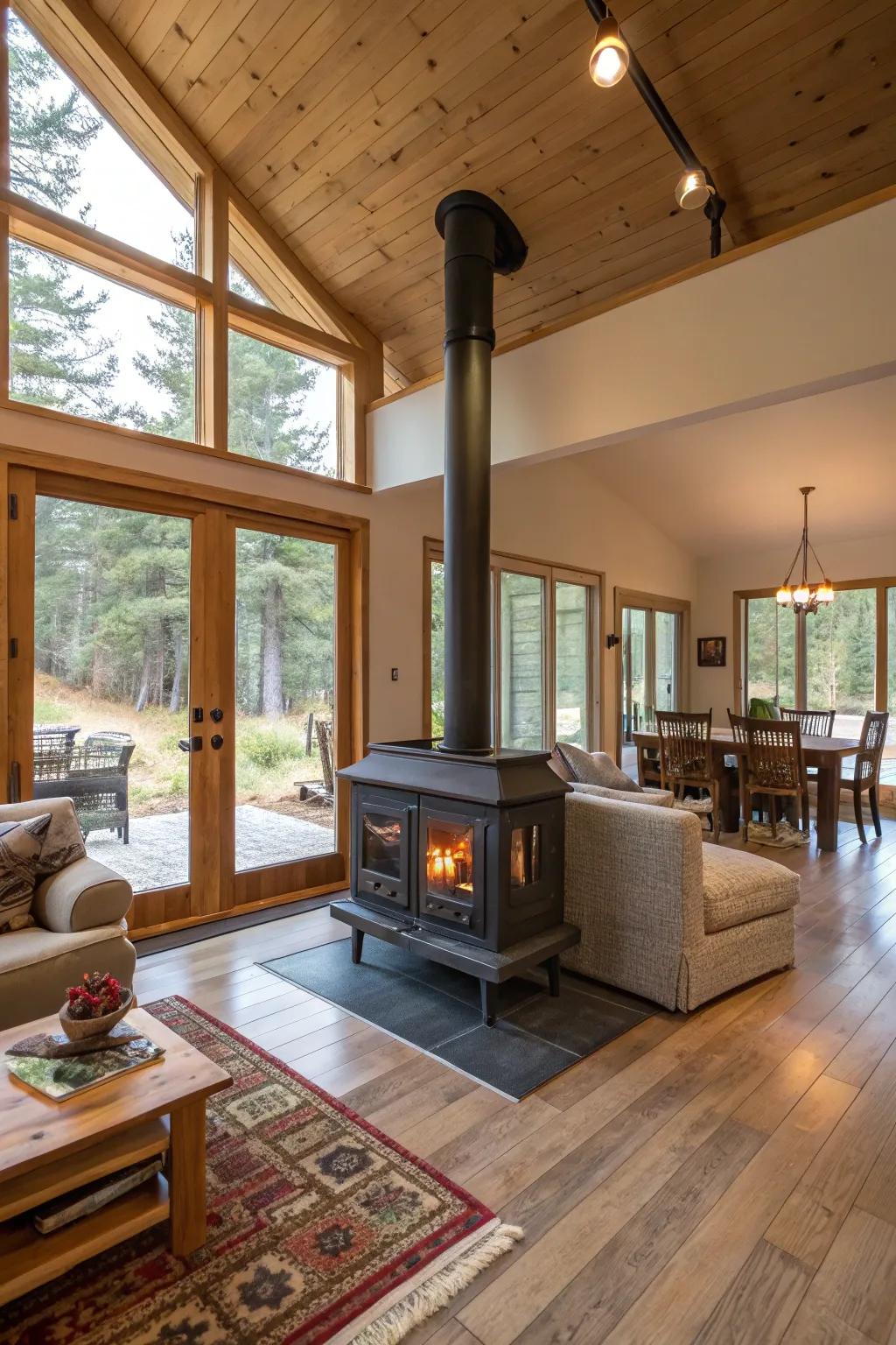 A dual-view heater elegantly warms two rooms at once.