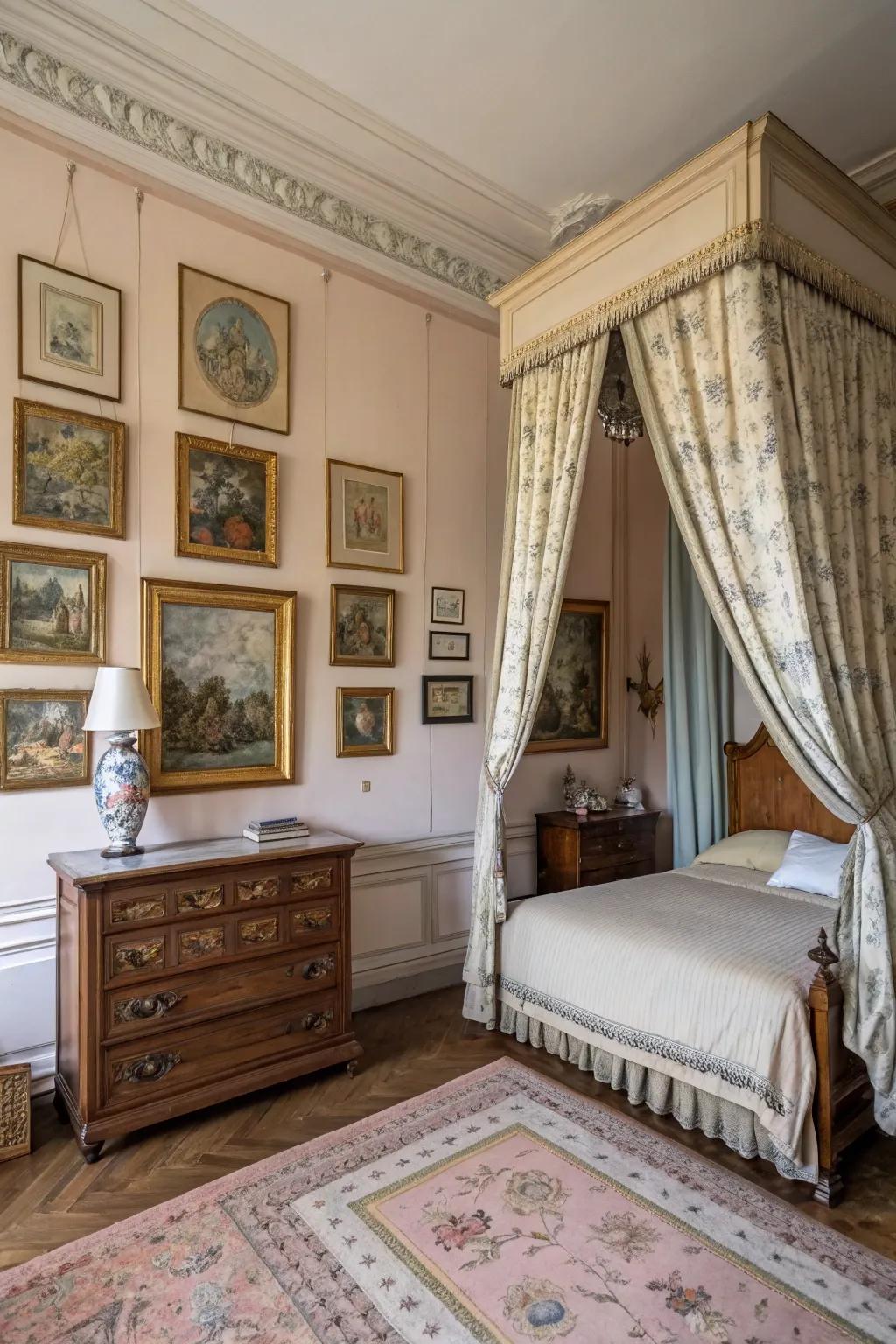 Classic artwork enriches the vibe of this French bedroom.