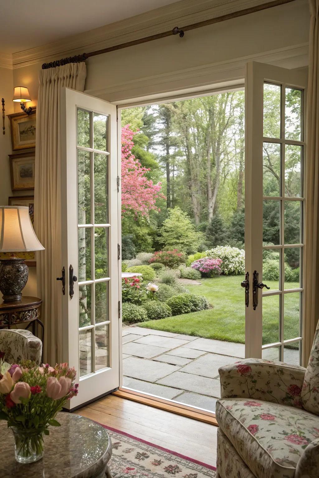 French doors emphasize gorgeous garden views.
