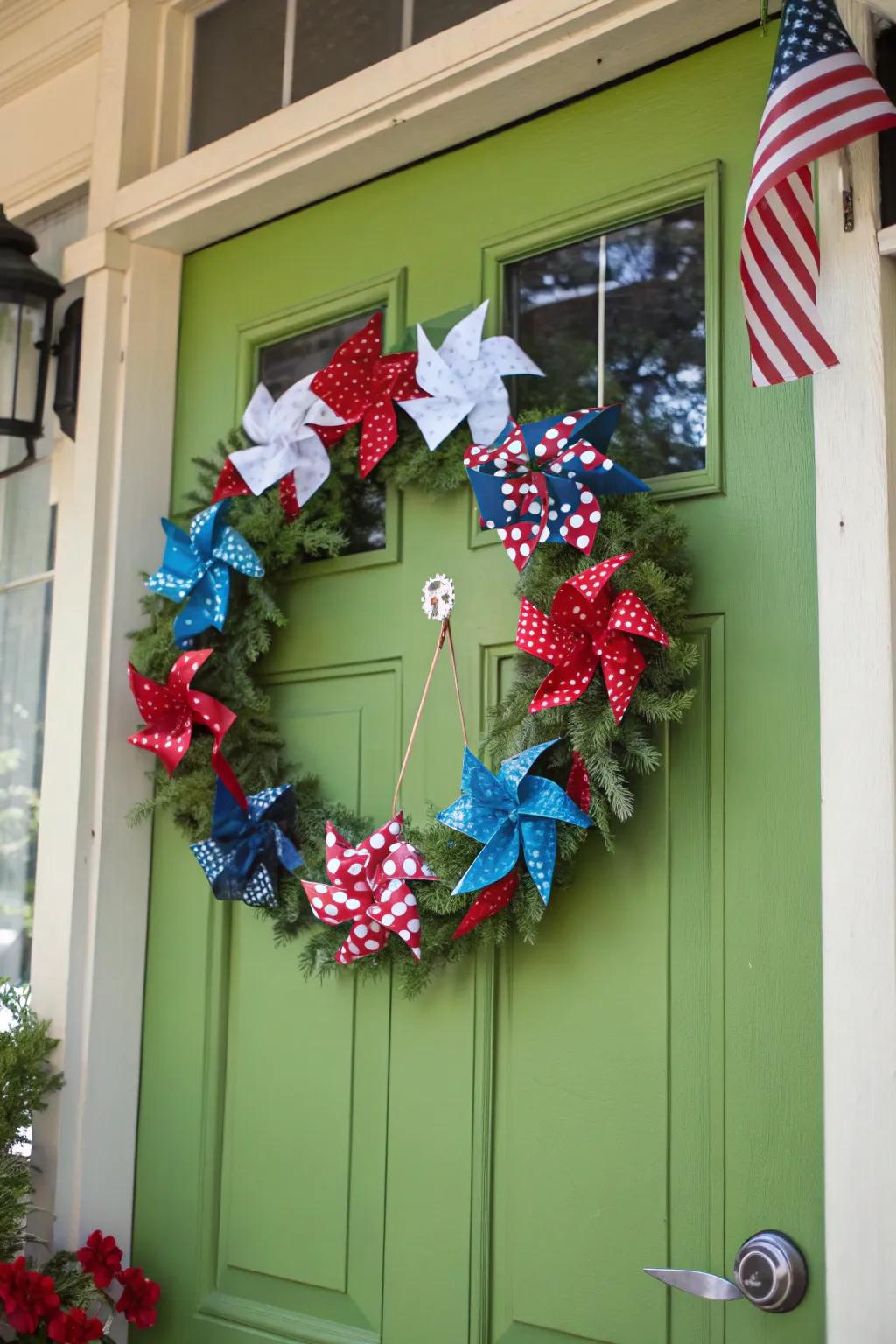 A playful wreath with spinning whirligigs.