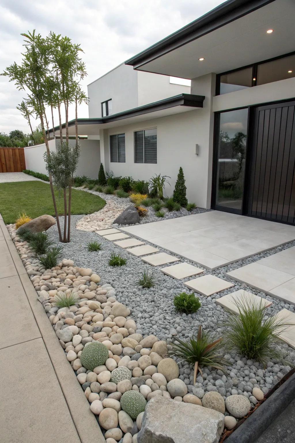 Landscapes with a minimalist theme are given a modern touch by river stones.