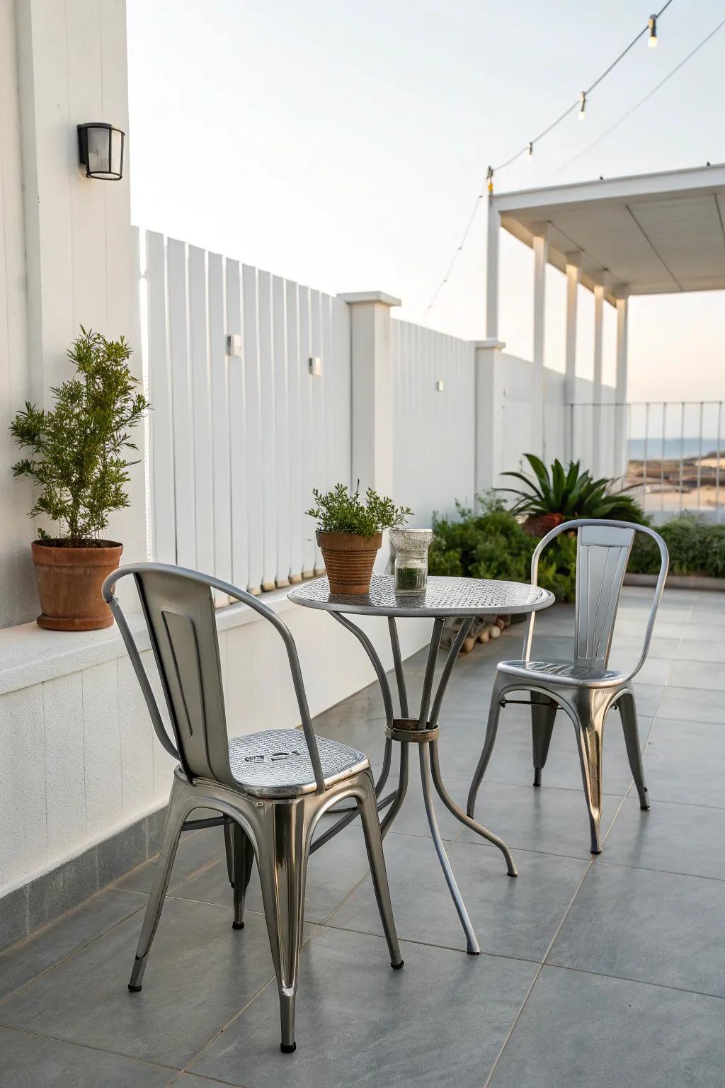 Metallic furnishings provide a chic and durable option for modern patios.