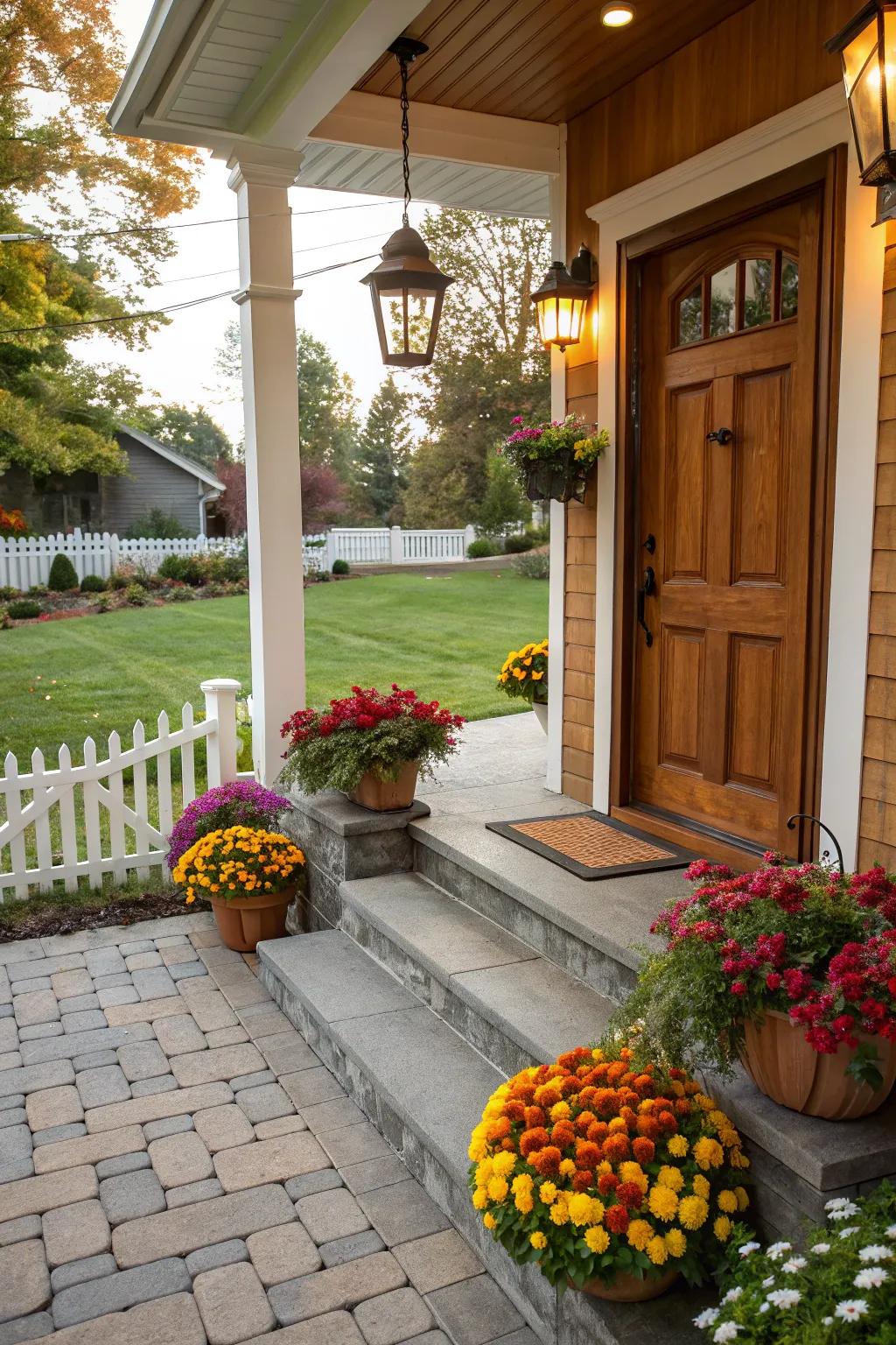Flowering pots infuse hue and vitality into your porch.