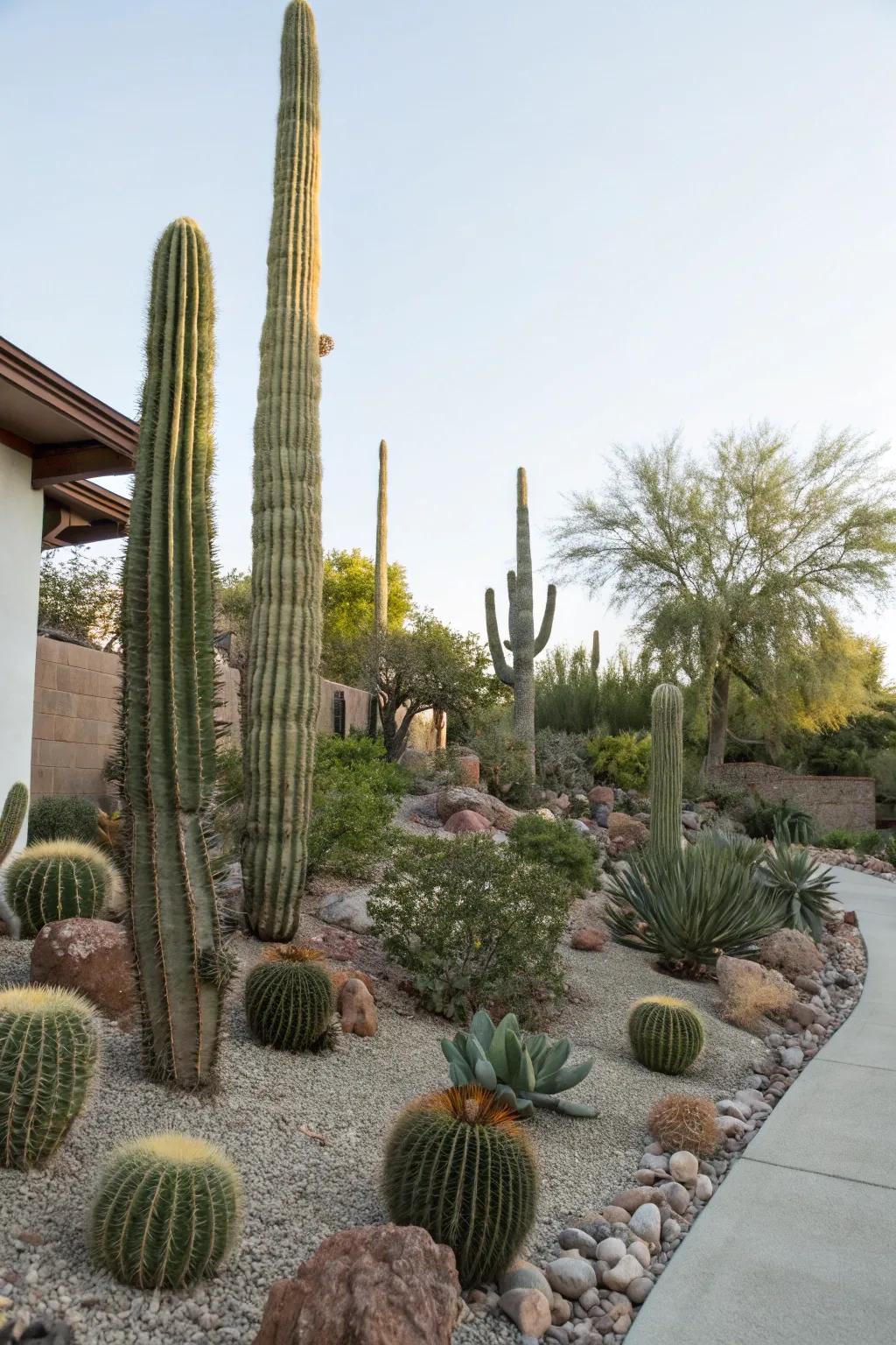 Vertical emphasis with columnar cacti.
