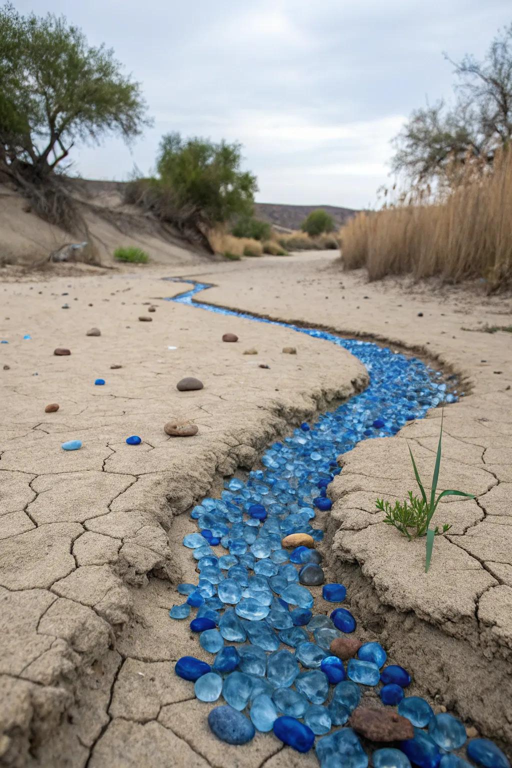 Blue glass stones imitate the appearance of flowing water in your dry streambed.