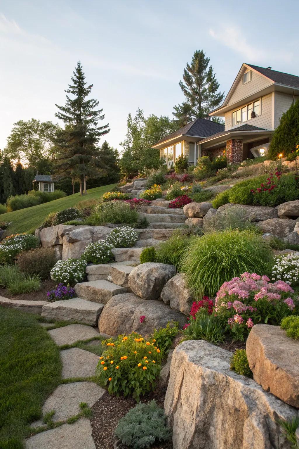 Incorporate depth with multilevel garden designs showcasing massive stones.