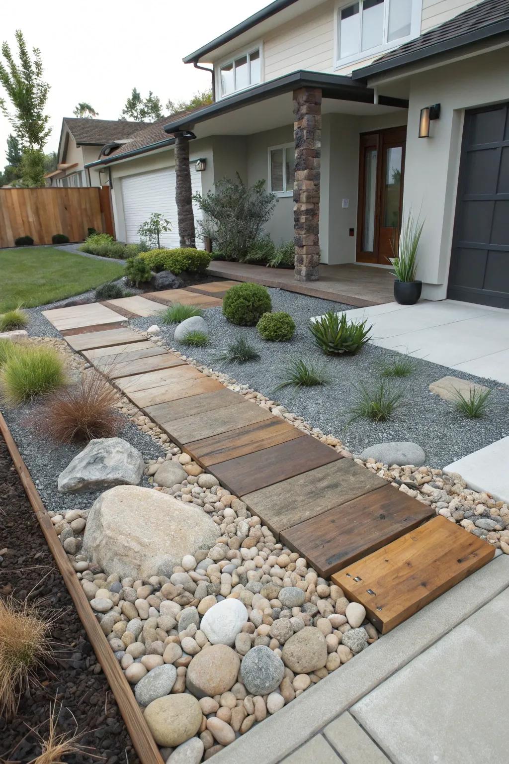 Varied textures with gravel, wood, and stone append depth to contemporary landscapes.