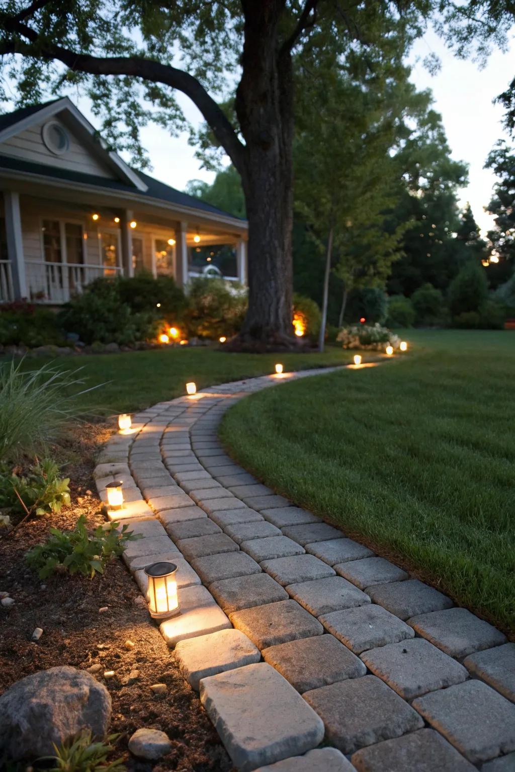Embedded path lighting adds a warm glow to your yard.