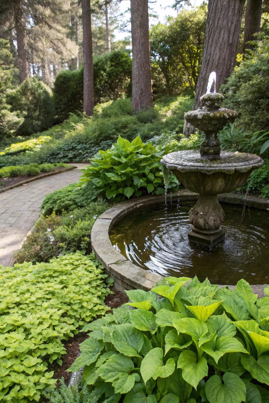 A water feature adds tranquility and movement to the landscape.