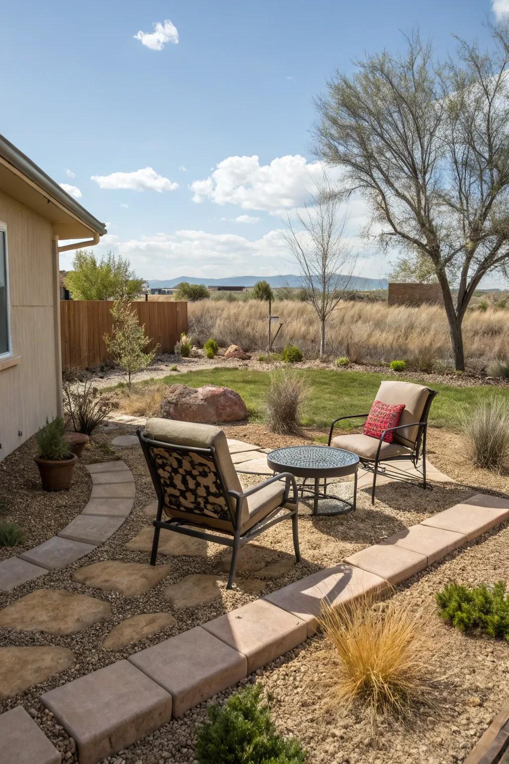 An inviting outdoor lounging spot in a thoughtfully crafted xeriscape.