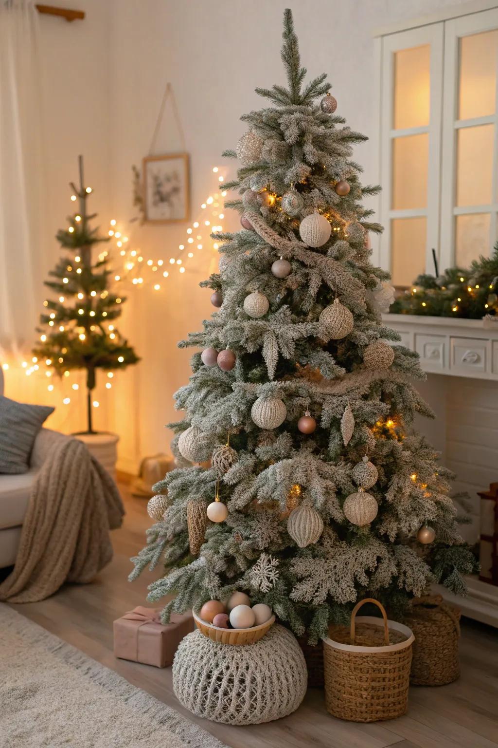 Woven embellishments include warmth and coziness to this frosted tree.