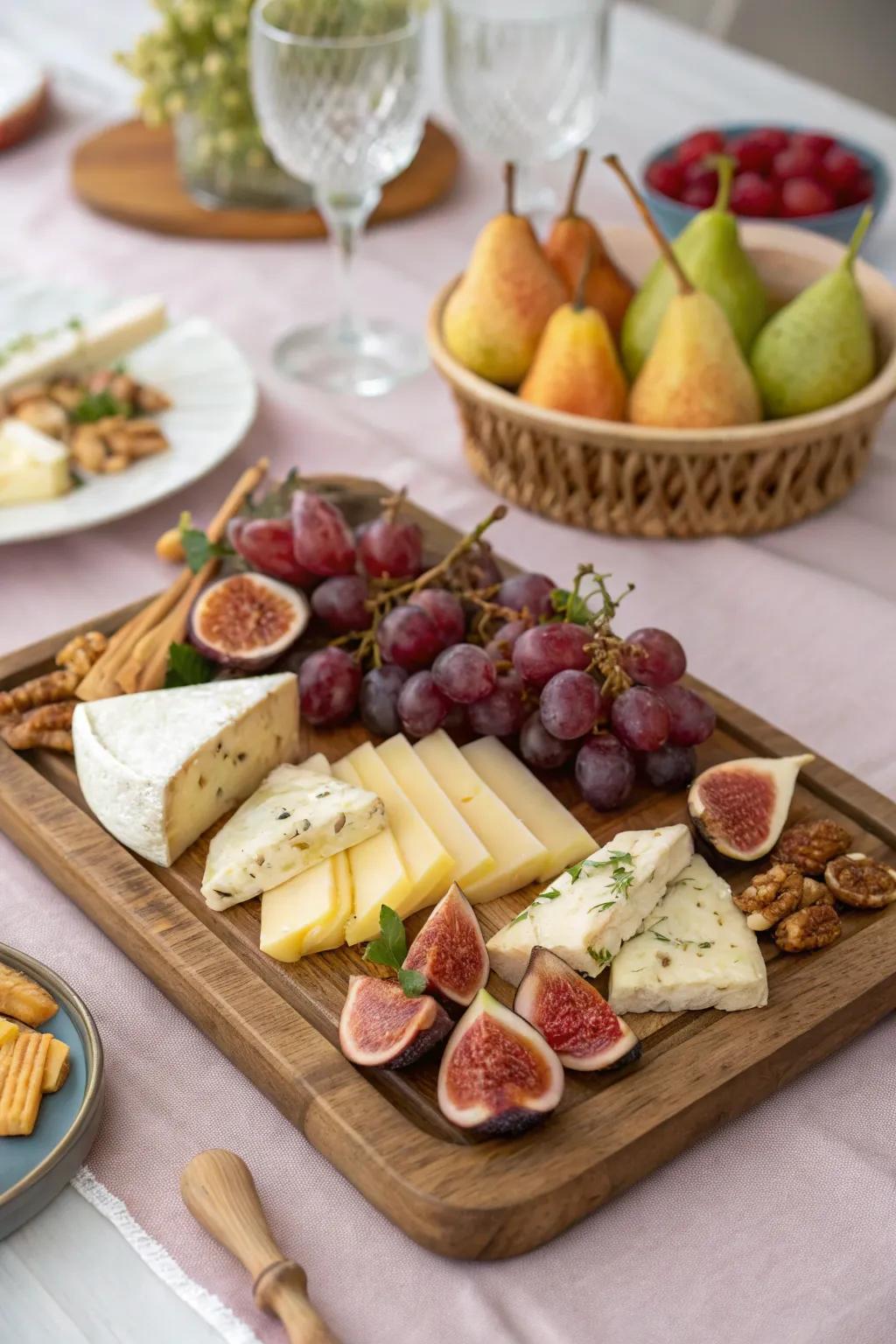 An elegant fruit and cheese arrangement for a sophisticated experience.