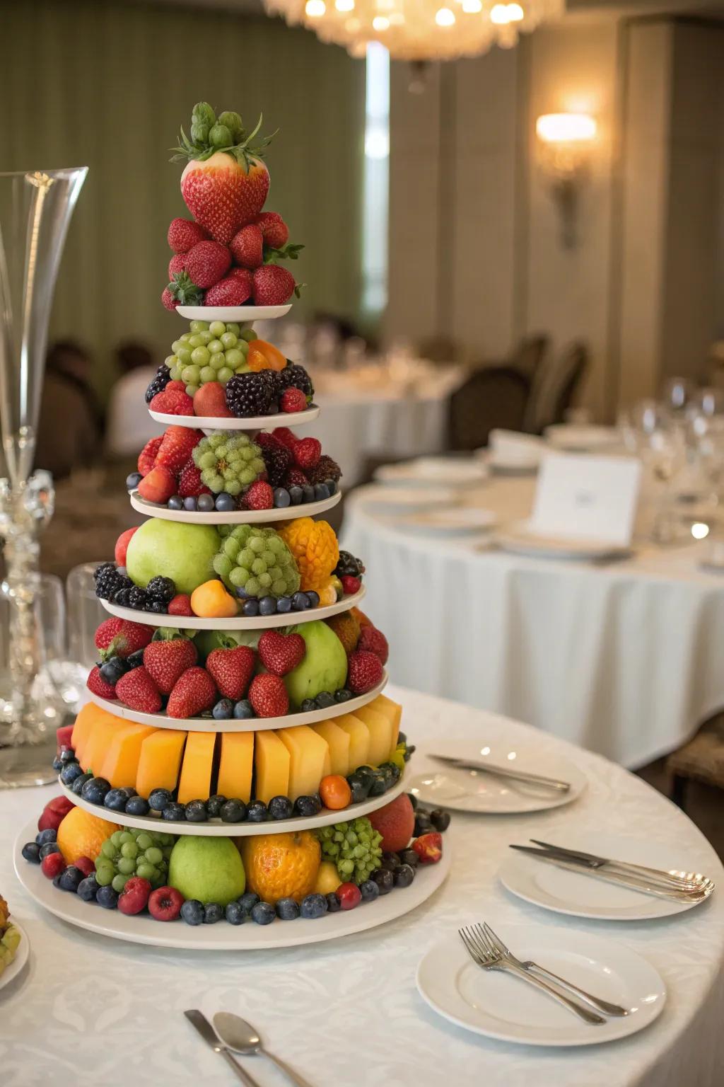 Fruit towers introduce an element of refinement and height to the table.