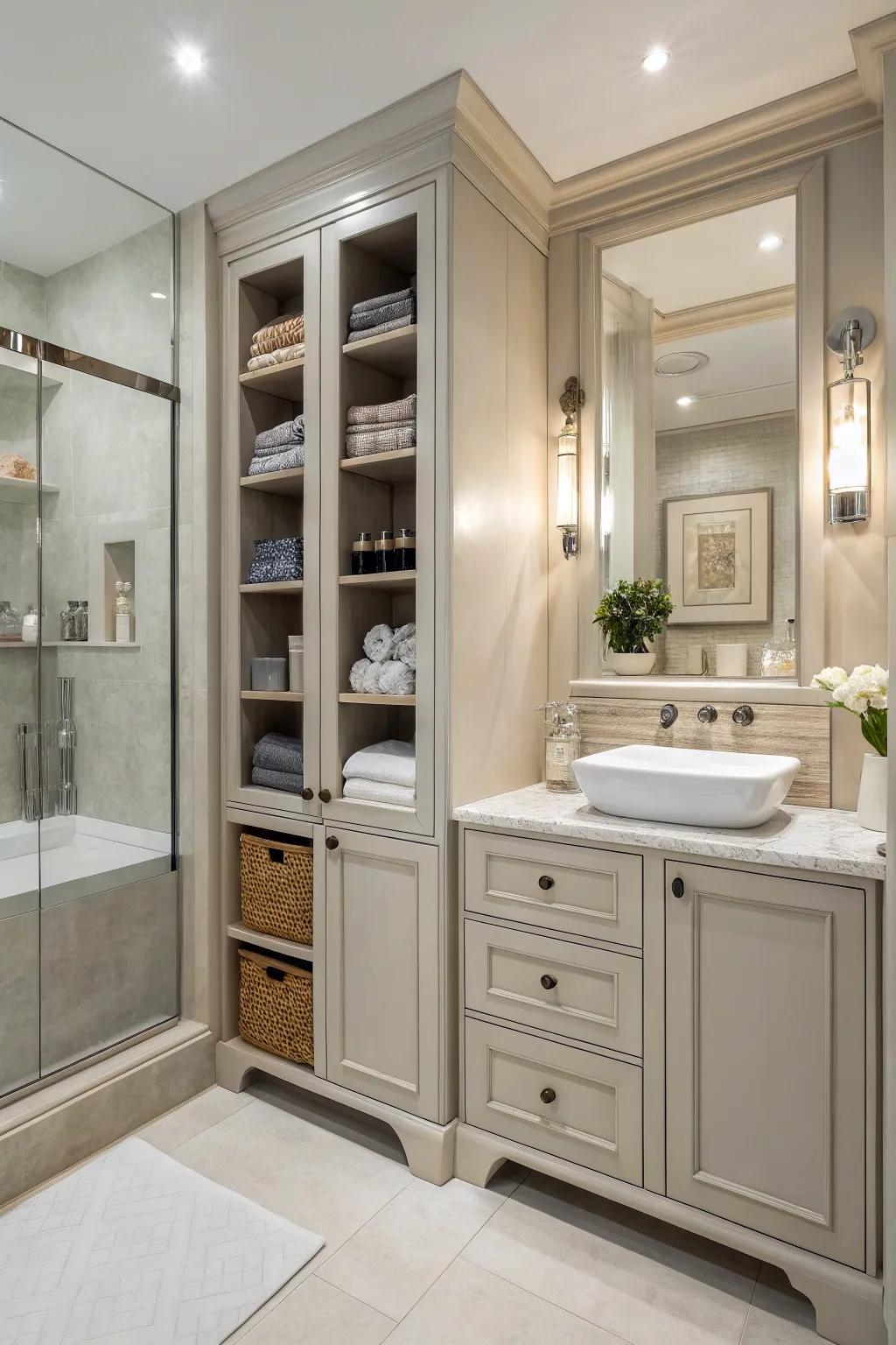 This bathroom boasts clever storage choices that enhance organization.