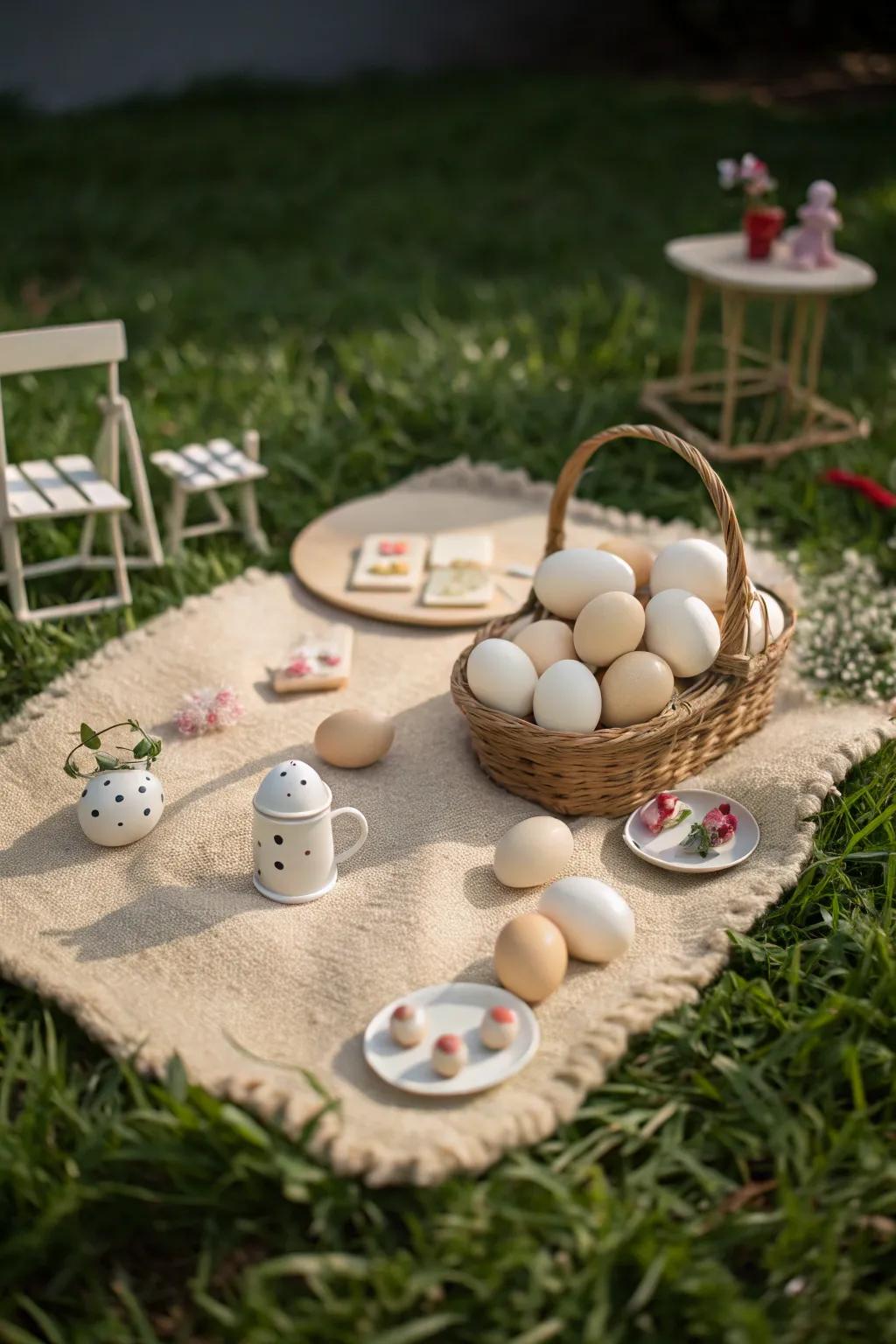A whimsical alfresco scenario featuring egg characters.