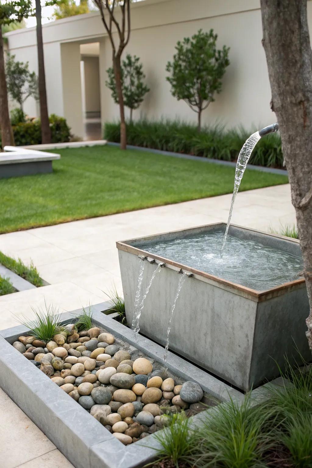 A contemporary spout metamorphoses a metallic basin into a minimalist fountain.
